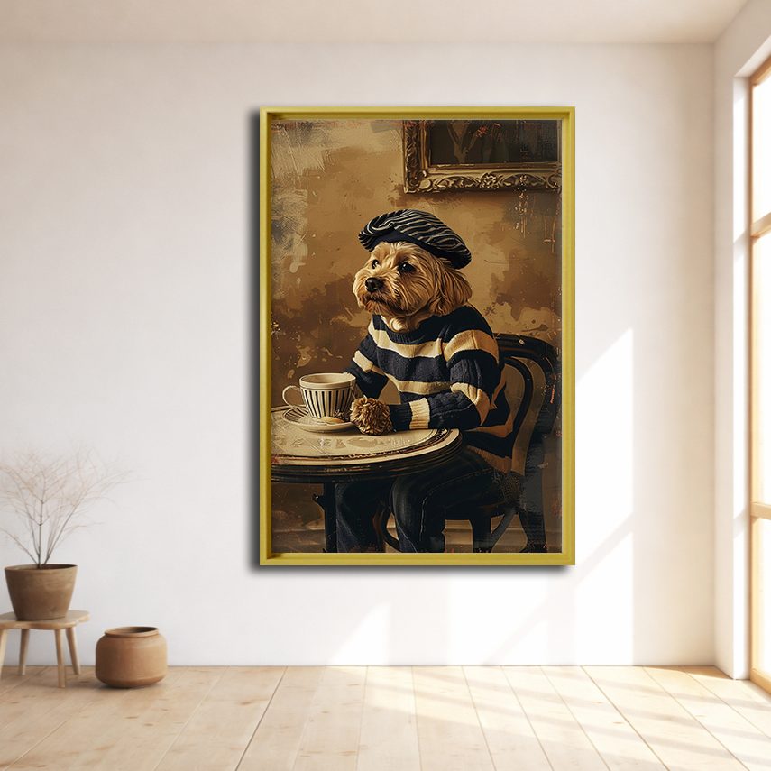 Dog in Beret at Paris Cafe canvas wall art, natural wood floating frame