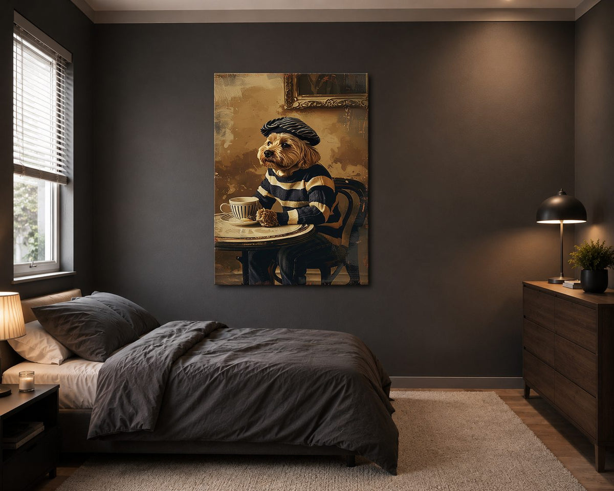 Dog in Beret at Paris Cafe canvas wall art, unframed canvas