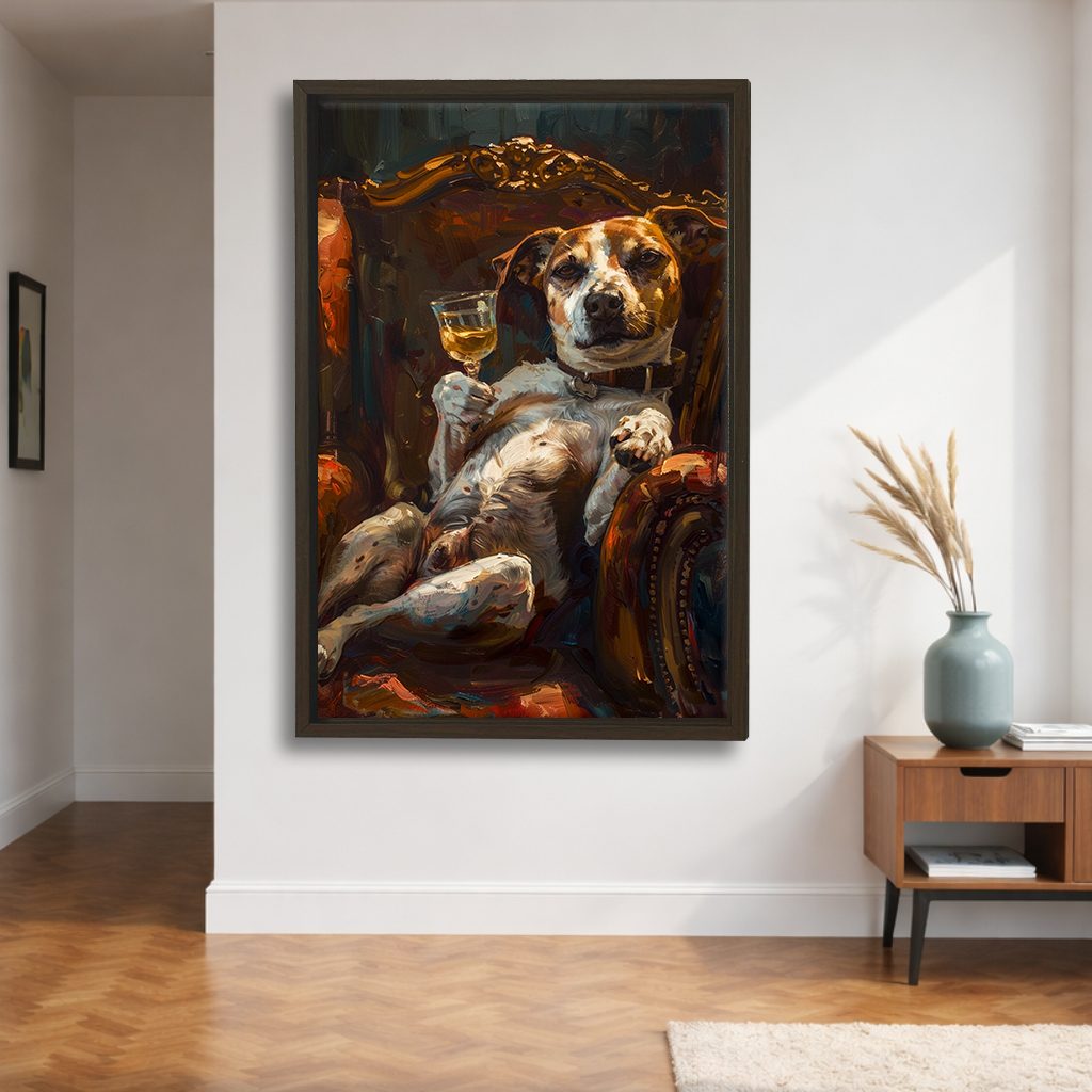 Dog Relaxing with Wine in Armchair canvas wall art, walnut floating frame