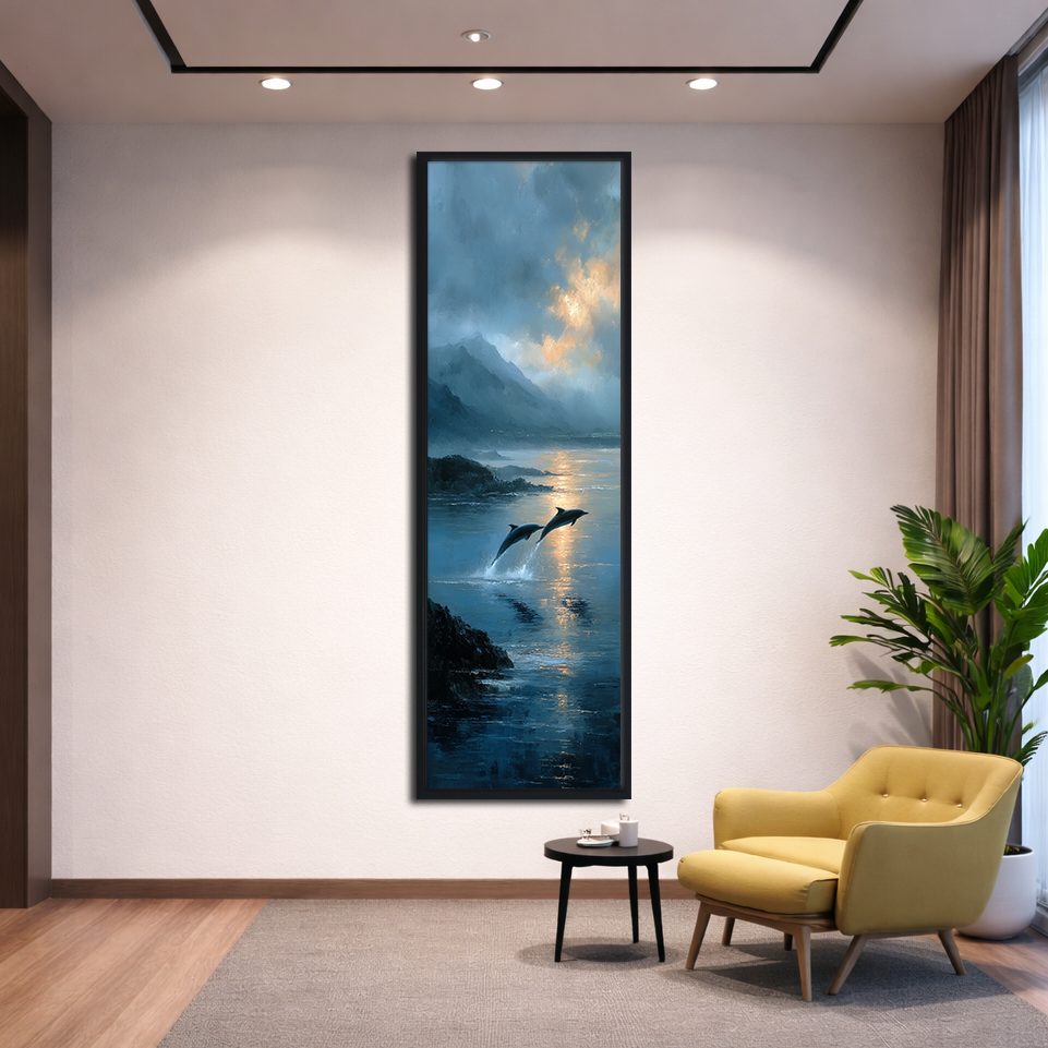 Dolphins Jumping at Twilight Sea canvas wall art, black floating frame