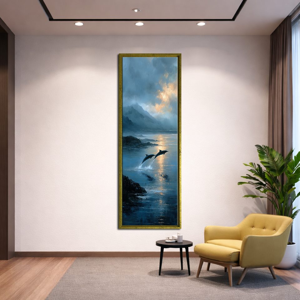 Dolphins Jumping at Twilight Sea canvas wall art, gold floating frame