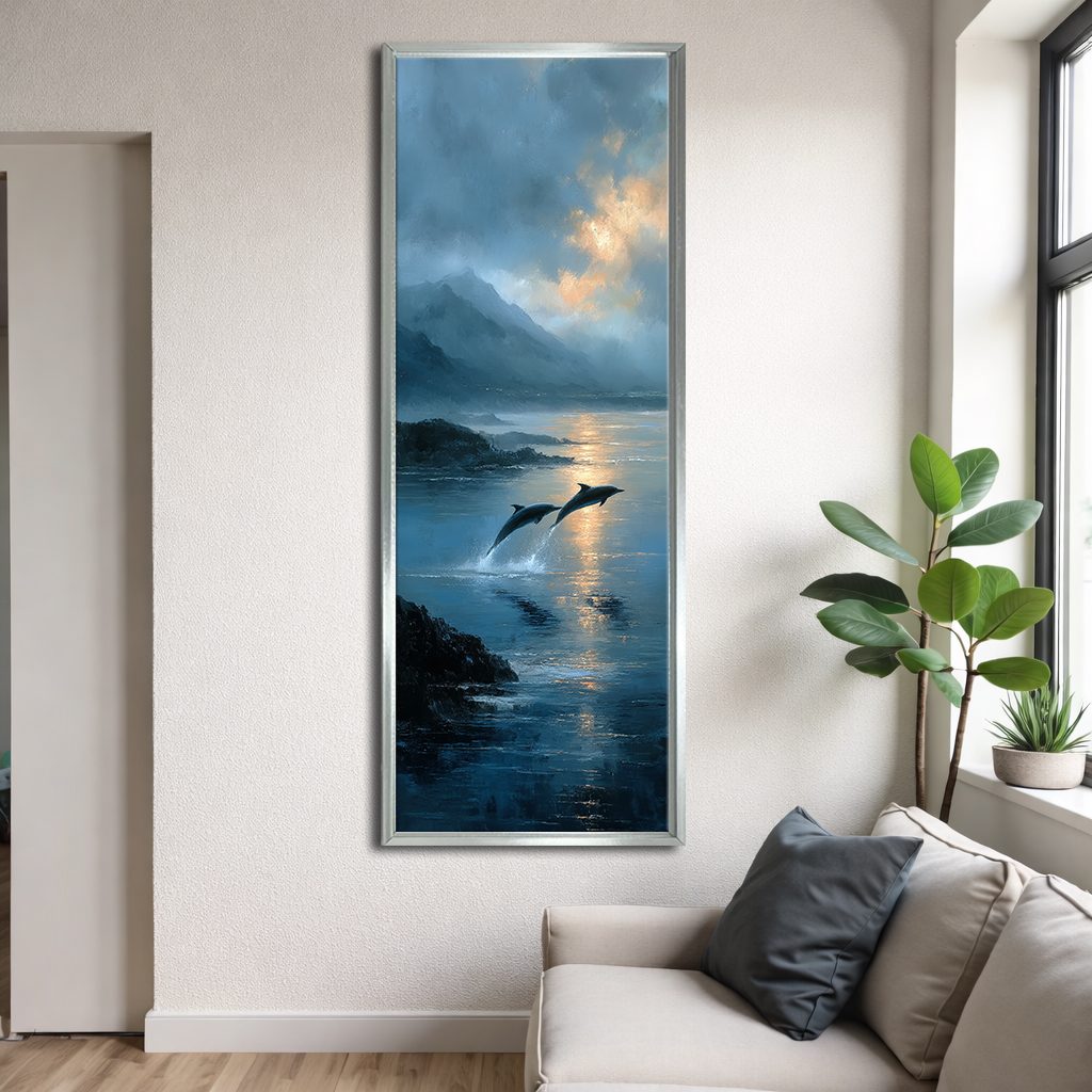 Dolphins Jumping at Twilight Sea canvas wall art, silver floating frame