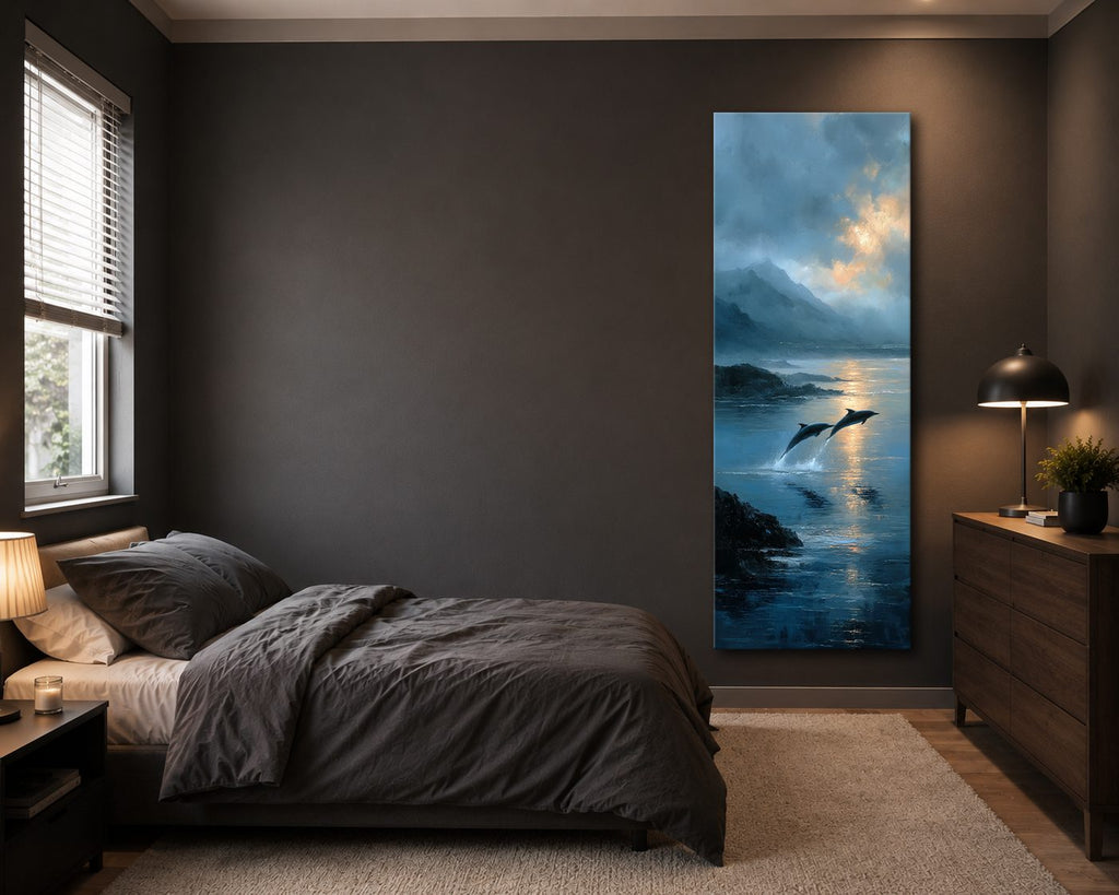 Dolphins Jumping at Twilight Sea canvas wall art, unframed canvas