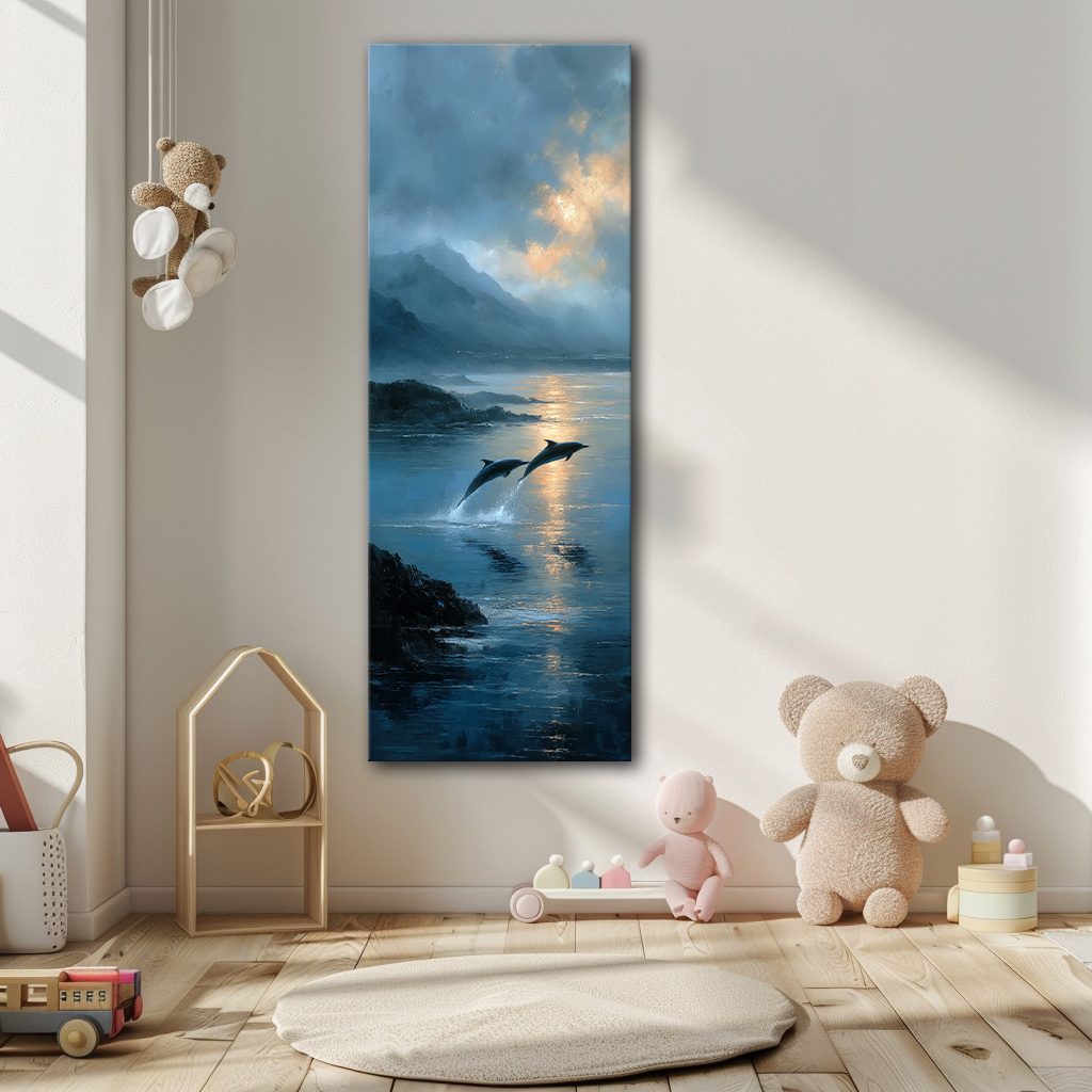 Dolphins Jumping at Twilight Sea canvas wall art, unframed canvas