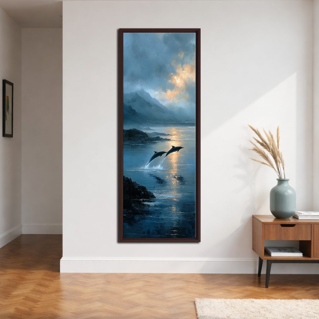 Dolphins Jumping at Twilight Sea canvas wall art, walnut floating frame