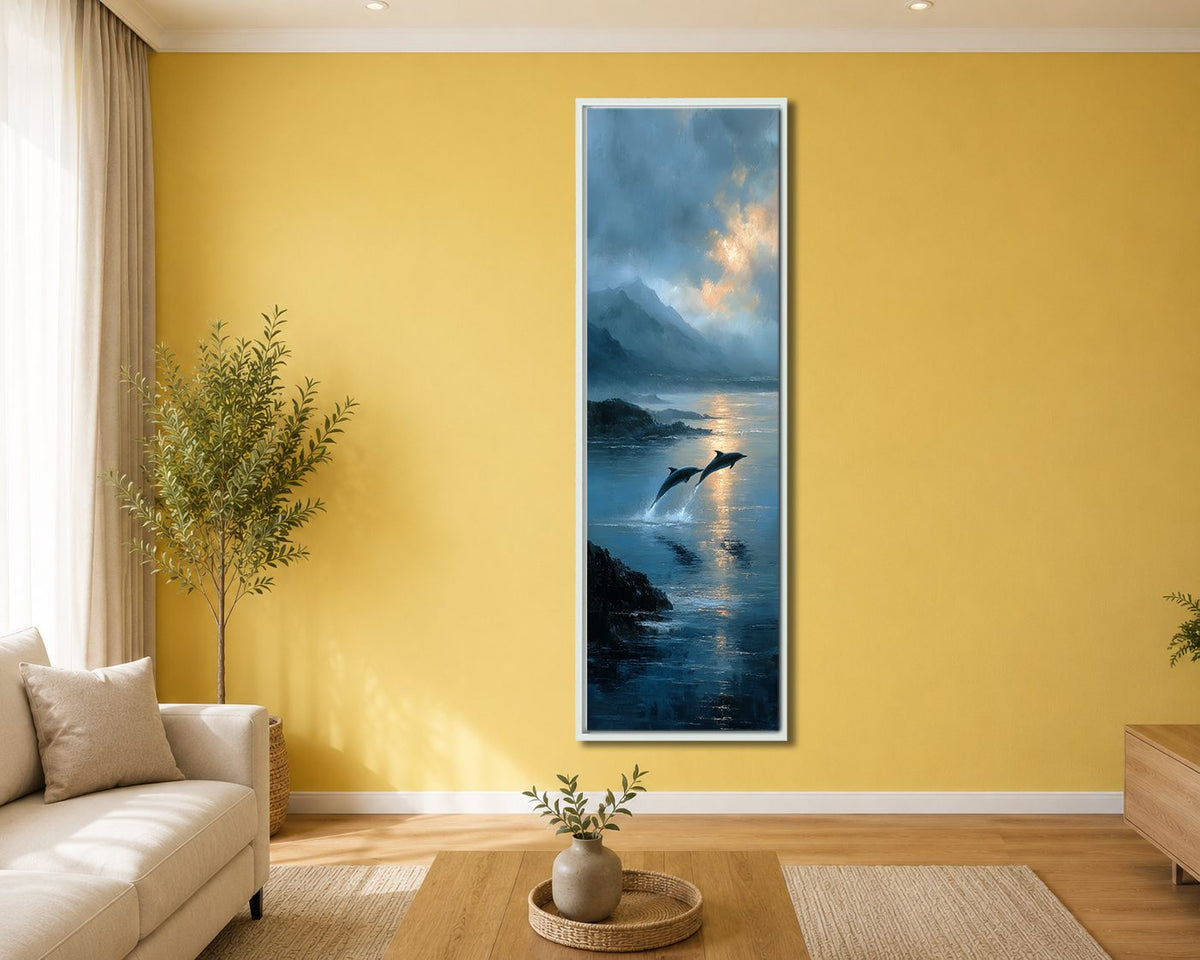 Dolphins Jumping at Twilight Sea canvas wall art, white floating frame