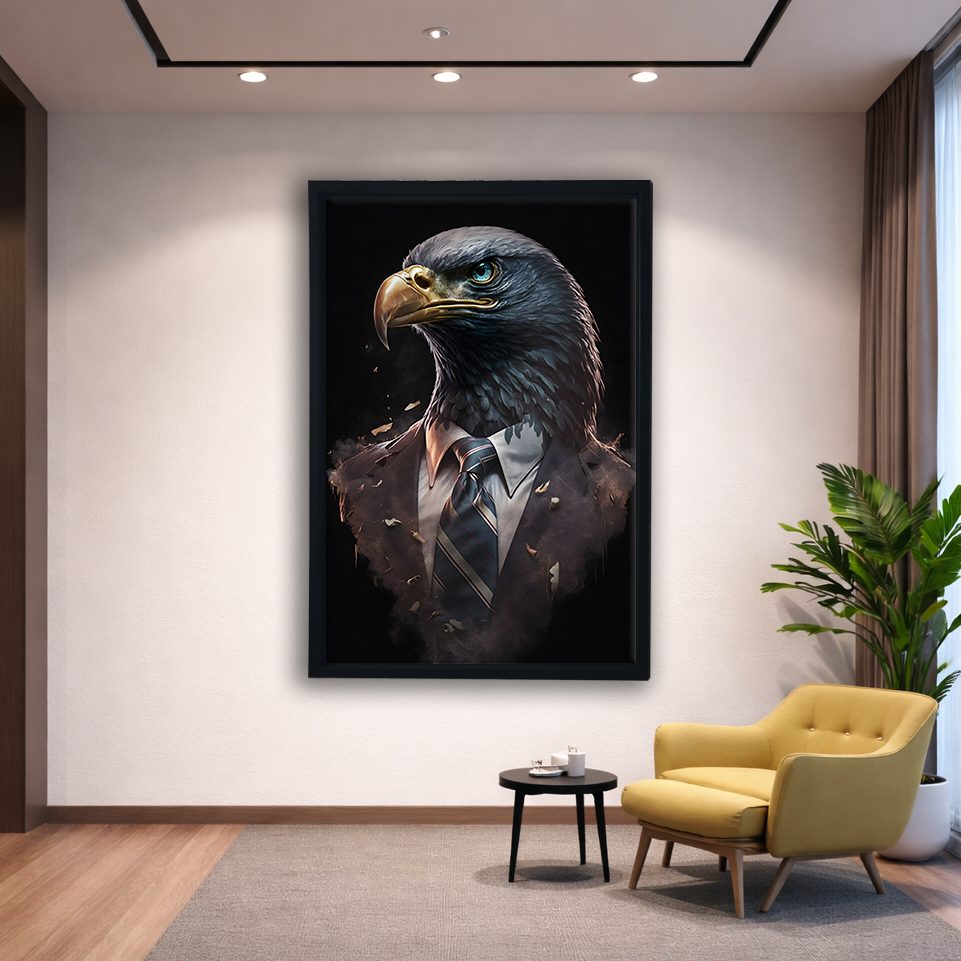 Eagle Businessman Portrait canvas wall art, black floating frame