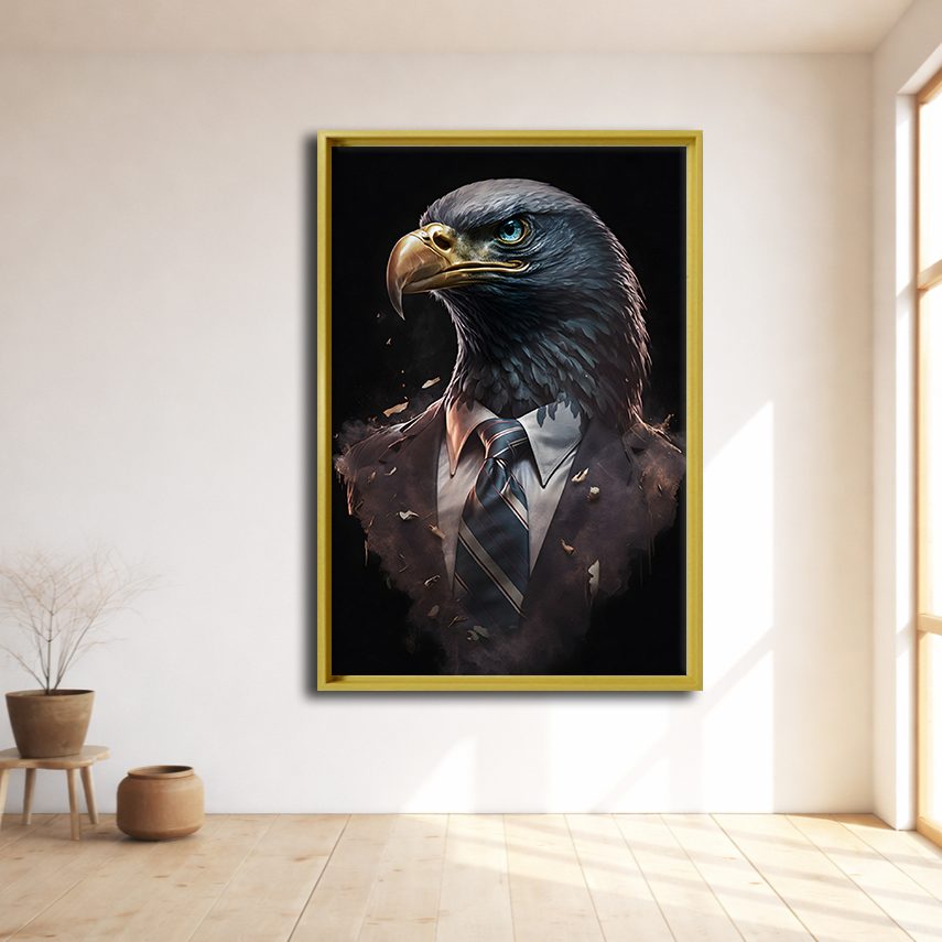 Eagle Businessman Portrait canvas wall art, natural wood floating frame