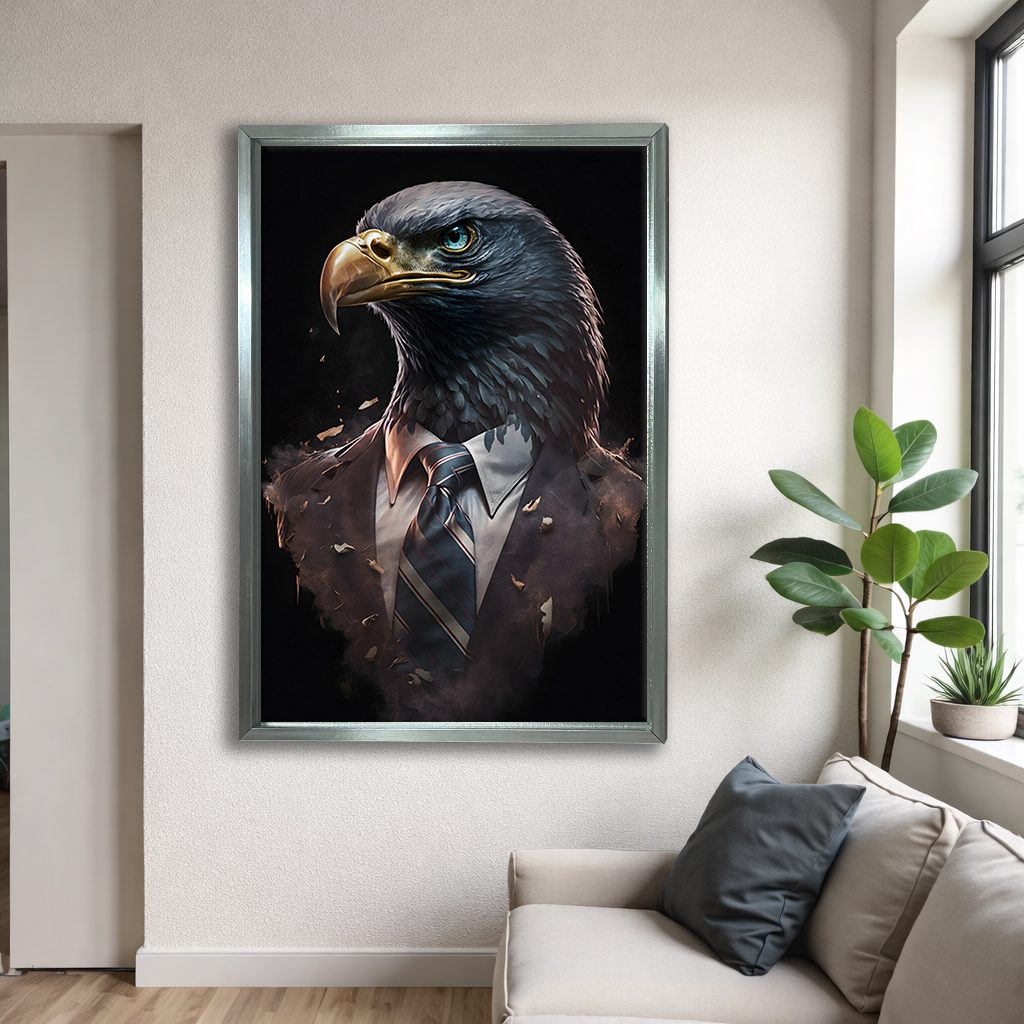 Eagle Businessman Portrait canvas wall art, silver floating frame