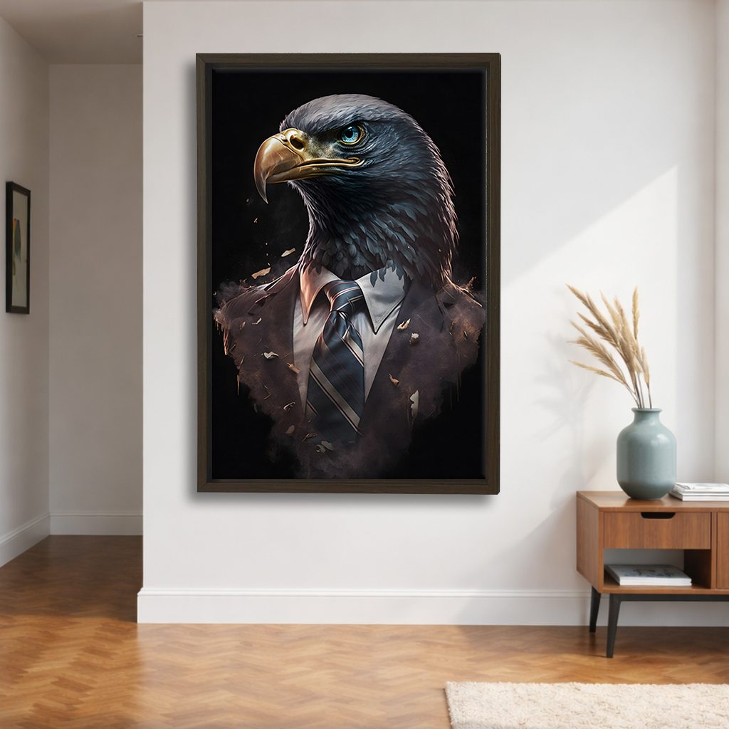 Eagle Businessman Portrait canvas wall art, walnut floating frame