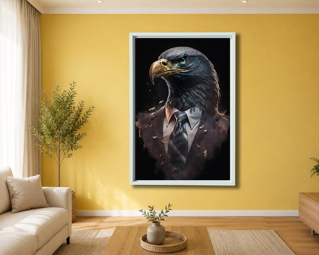 Eagle Businessman Portrait canvas wall art, white floating frame