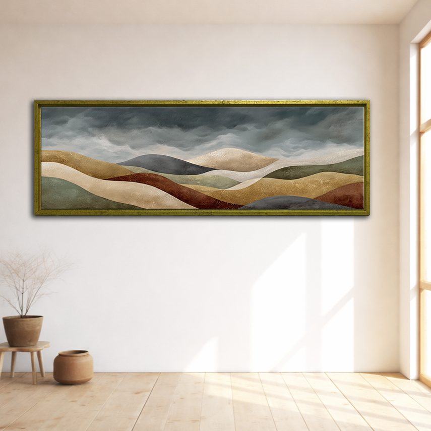 Earth Tone Rolling Hills Abstract canvas wall art, gold floating frame