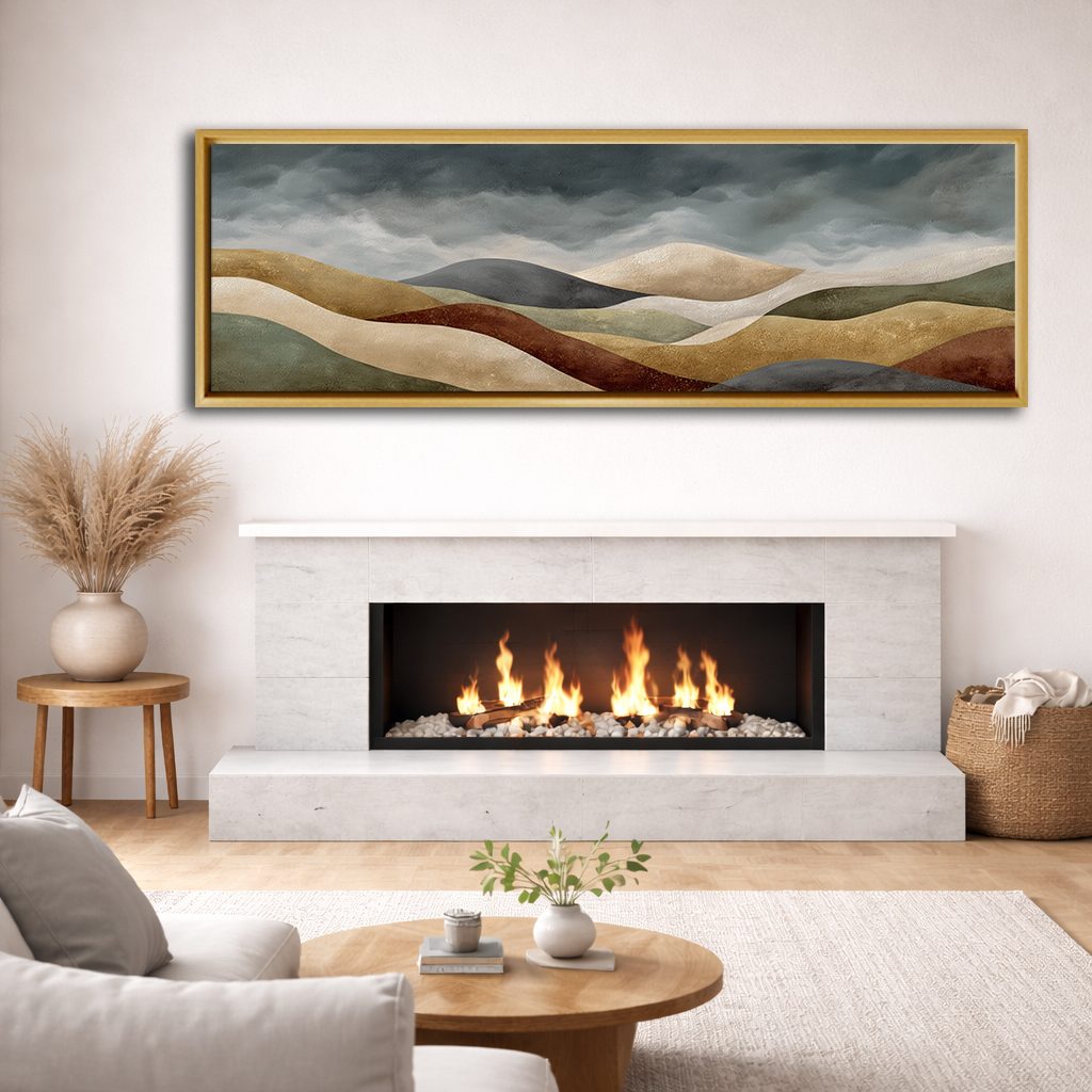 Earth Tone Rolling Hills Abstract canvas wall art, natural wood floating frame