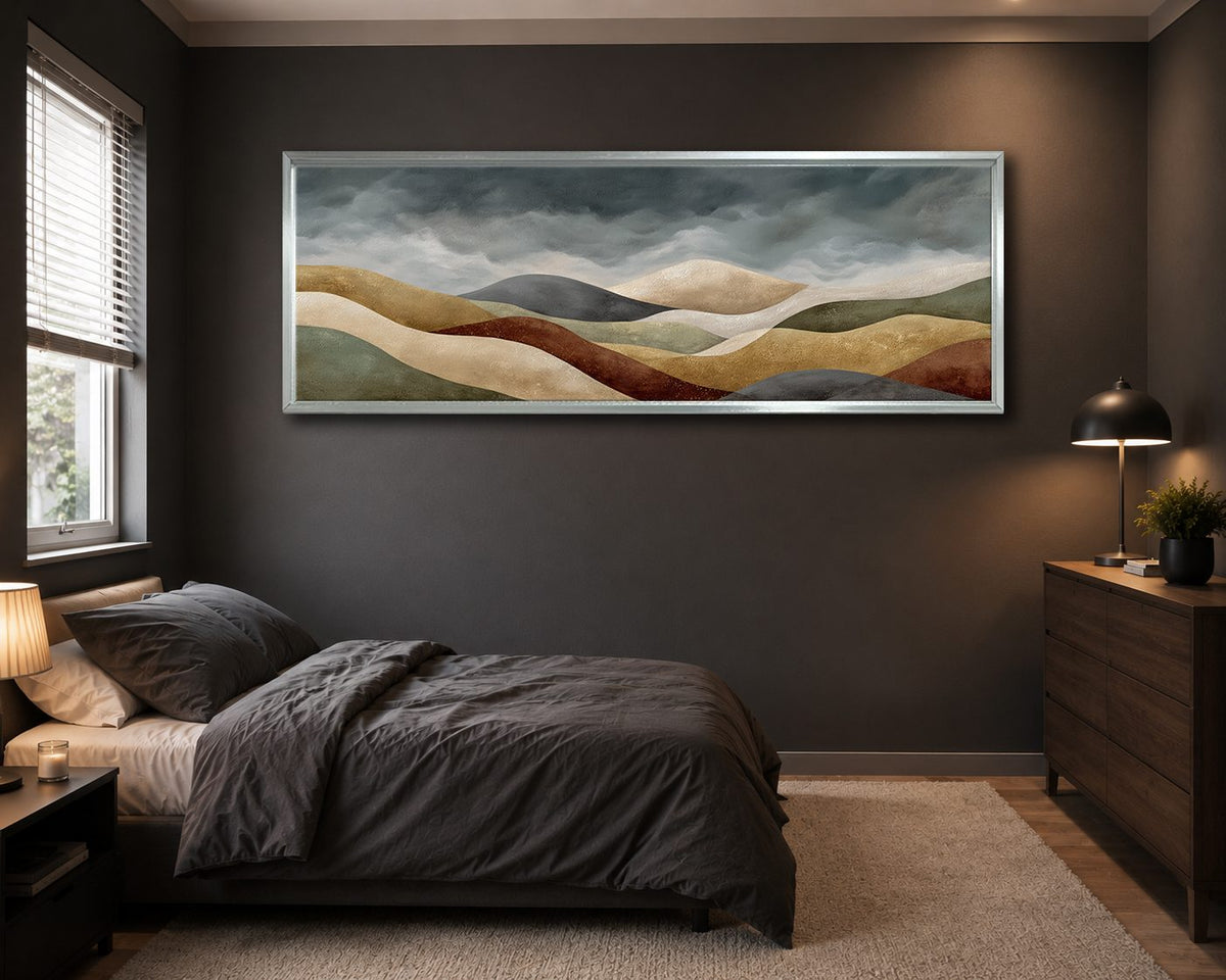 Earth Tone Rolling Hills Abstract canvas wall art, silver floating frame