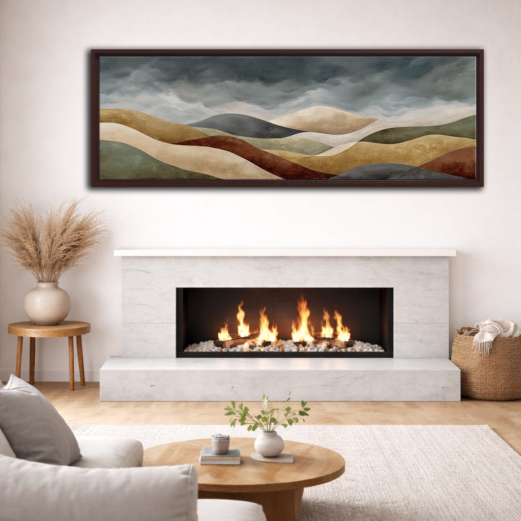 Earth Tone Rolling Hills Abstract canvas wall art, walnut floating frame