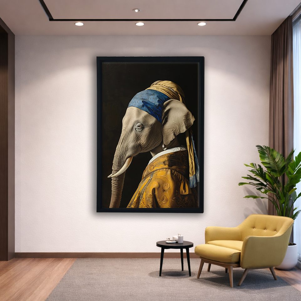 Elephant with a Pearl Earring Parody canvas wall art, black floating frame