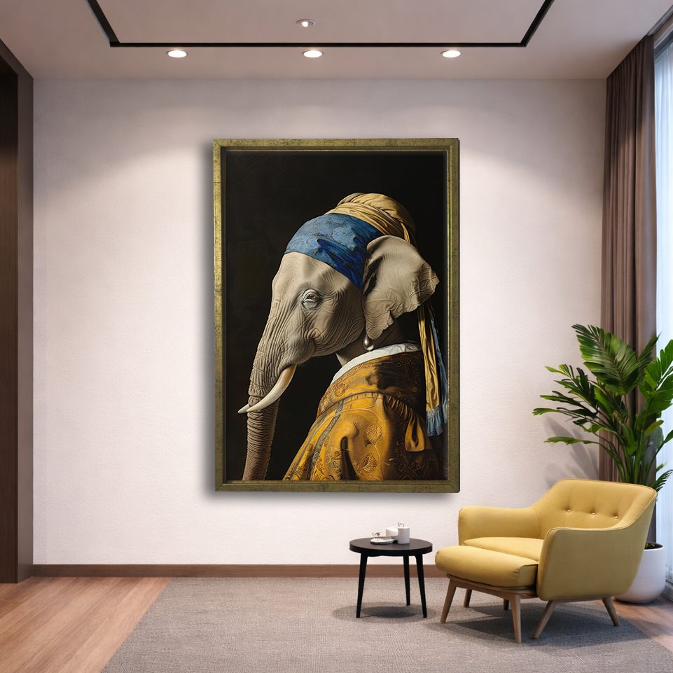 Elephant with a Pearl Earring Parody canvas wall art, gold floating frame