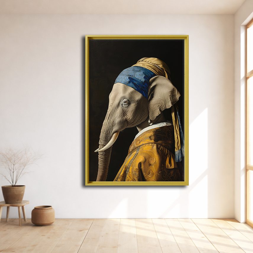 Elephant with a Pearl Earring Parody canvas wall art, natural wood floating frame