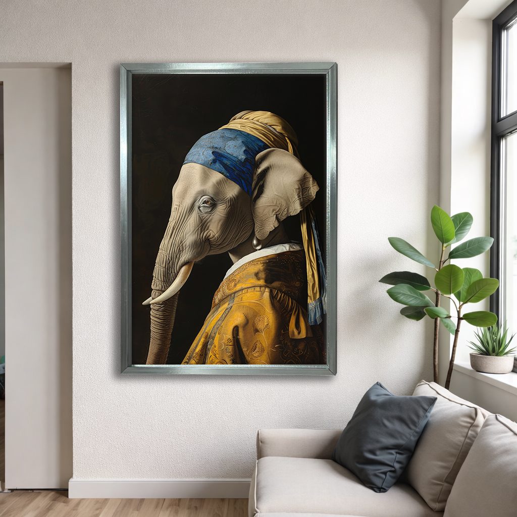 Elephant with a Pearl Earring Parody canvas wall art, silver floating frame