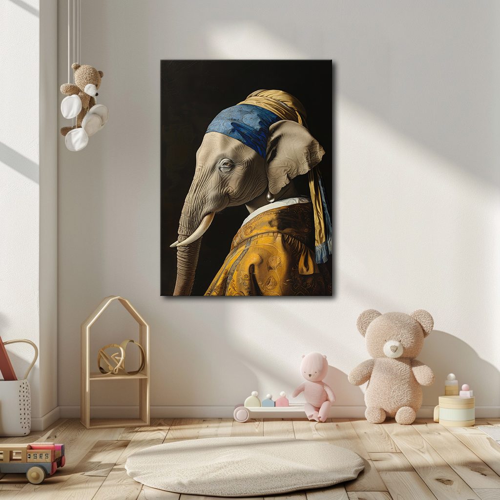 Elephant with a Pearl Earring Parody canvas wall art, unframed canvas