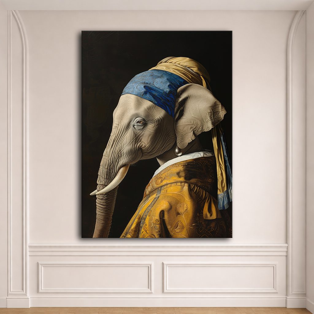 Elephant with a Pearl Earring Parody canvas wall art, unframed canvas
