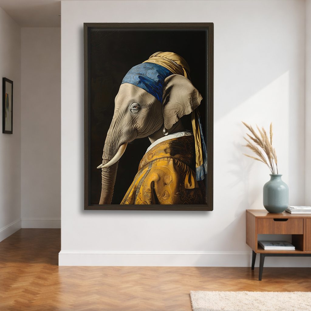 Elephant with a Pearl Earring Parody canvas wall art, walnut floating frame