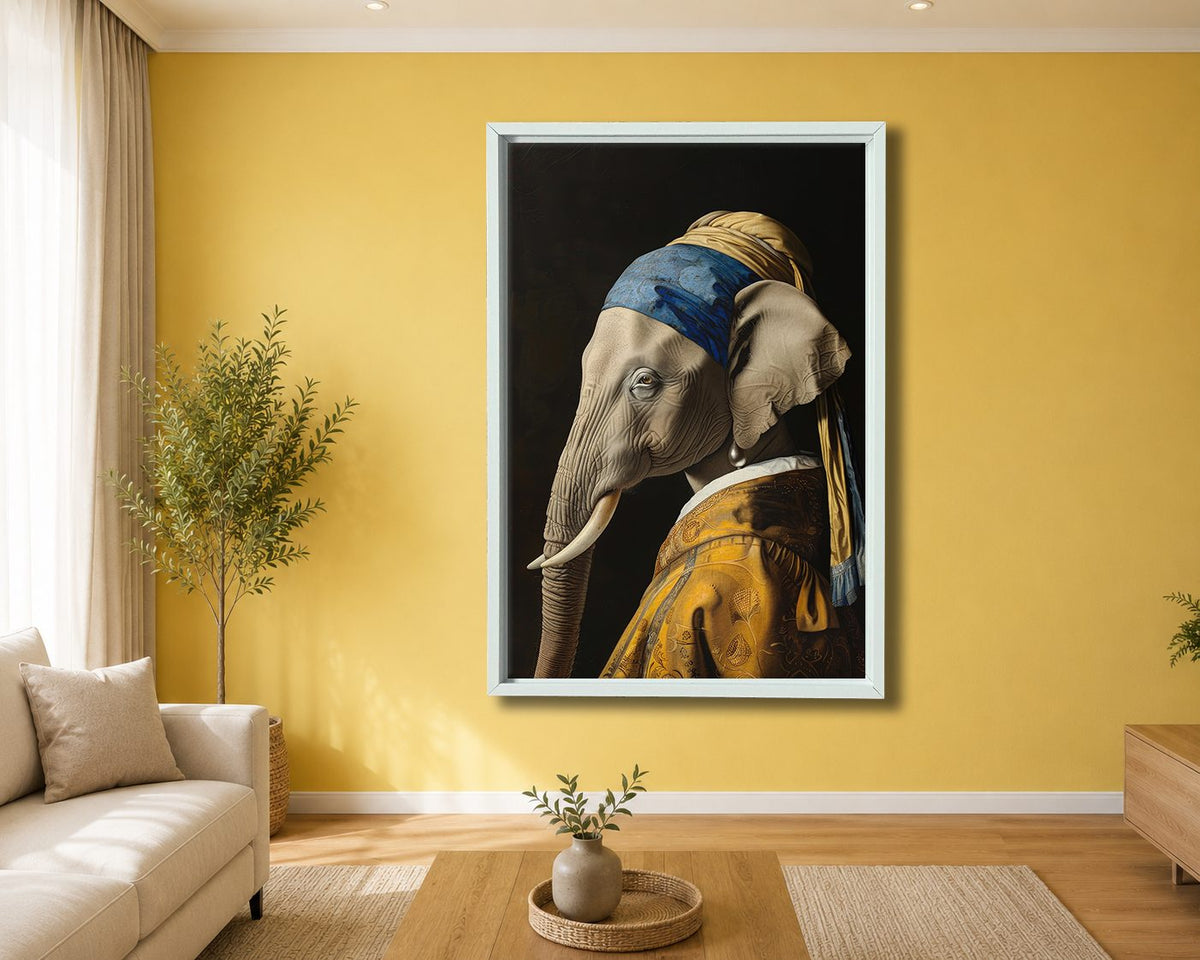 Elephant with a Pearl Earring Parody canvas wall art, white floating frame