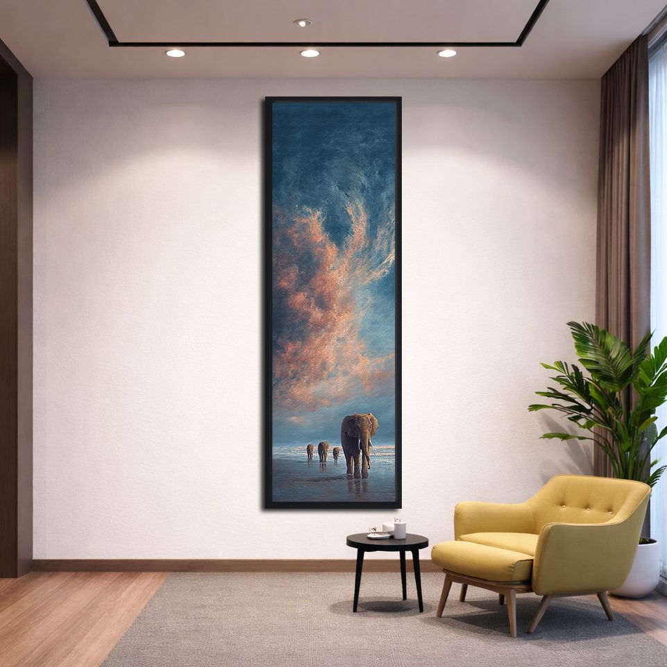 Elephants Walking at Sunset canvas wall art, black floating frame