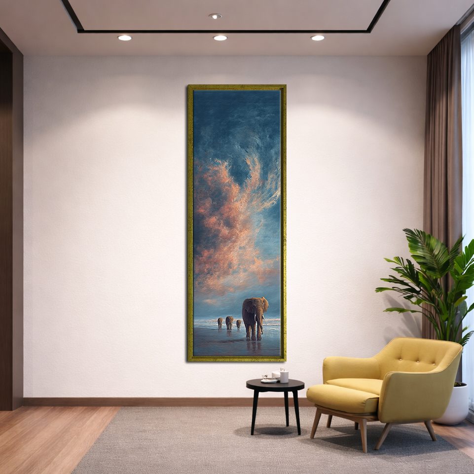 Elephants Walking at Sunset canvas wall art, gold floating frame