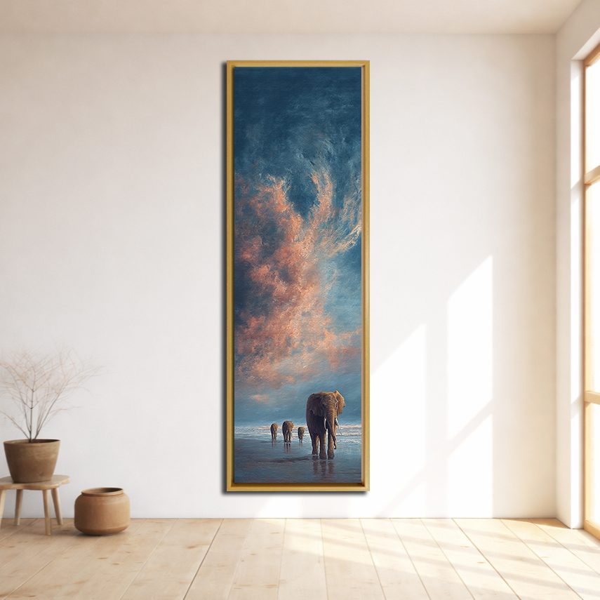 Elephants Walking at Sunset canvas wall art, natural wood floating frame