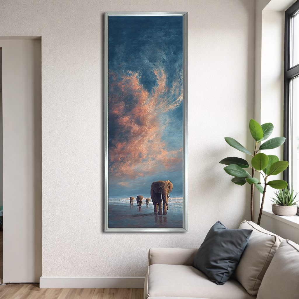Elephants Walking at Sunset canvas wall art, silver floating frame