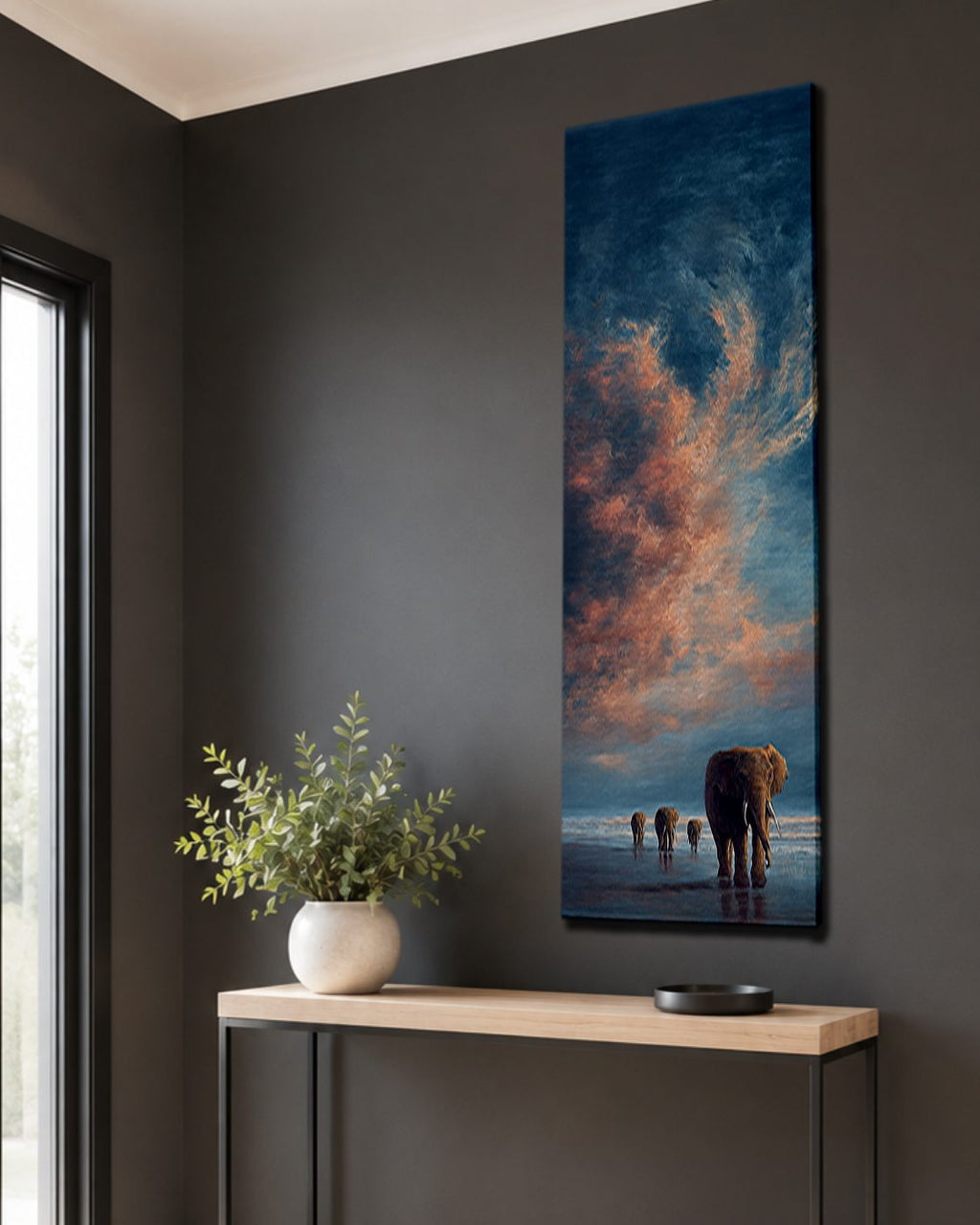 Elephants Walking at Sunset canvas wall art, unframed canvas