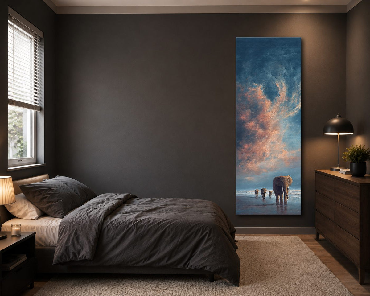 Elephants Walking at Sunset canvas wall art, unframed canvas