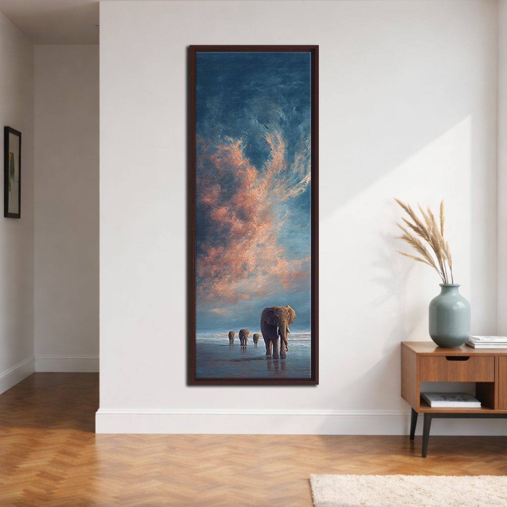 Elephants Walking at Sunset canvas wall art, walnut floating frame