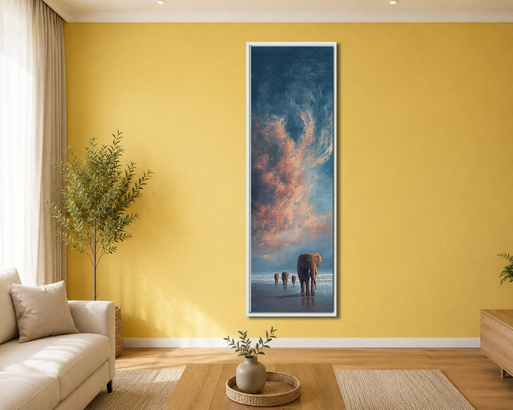 Elephants Walking at Sunset canvas wall art, white floating frame