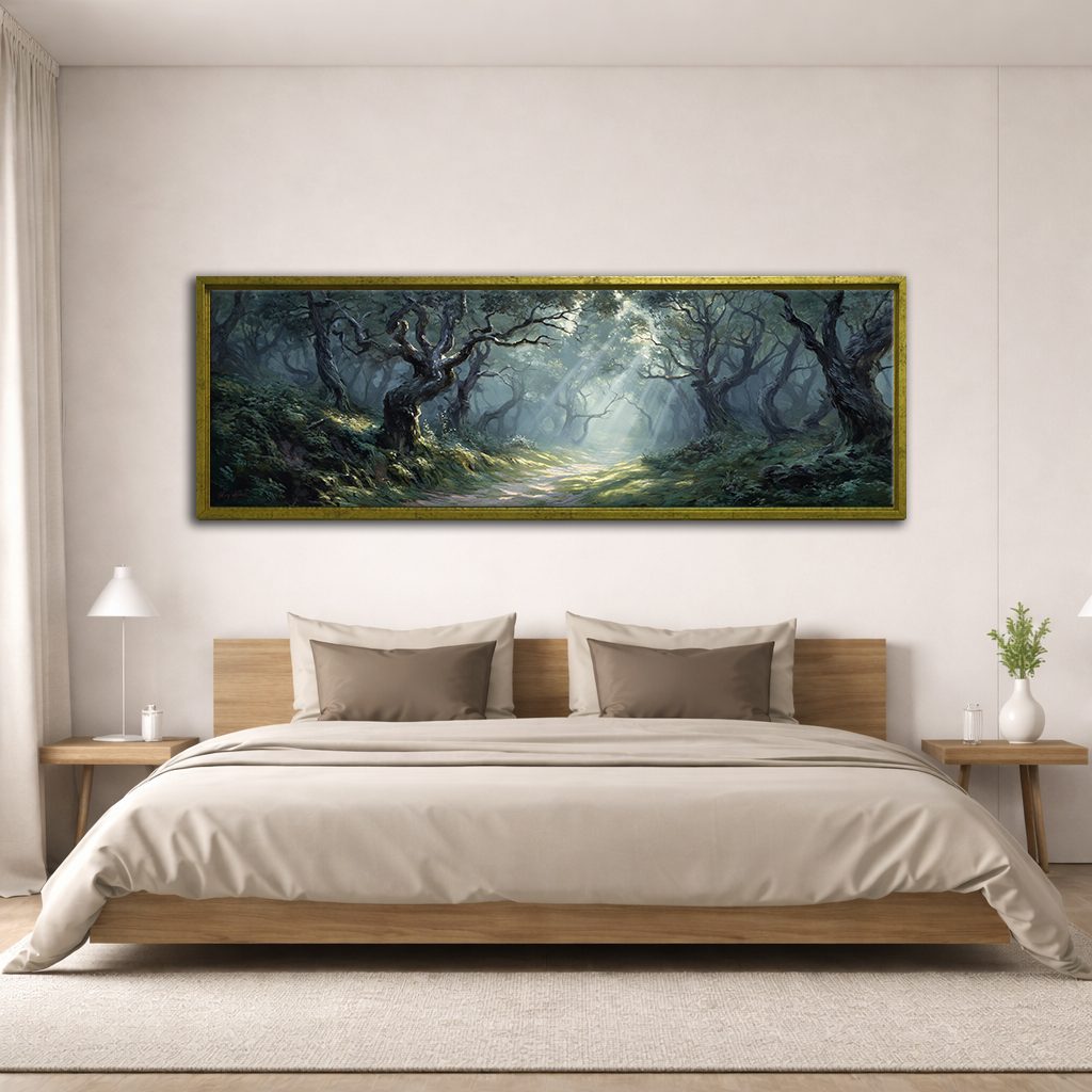 Enchanted Old Oak Forest canvas wall art, antique gold floating frame