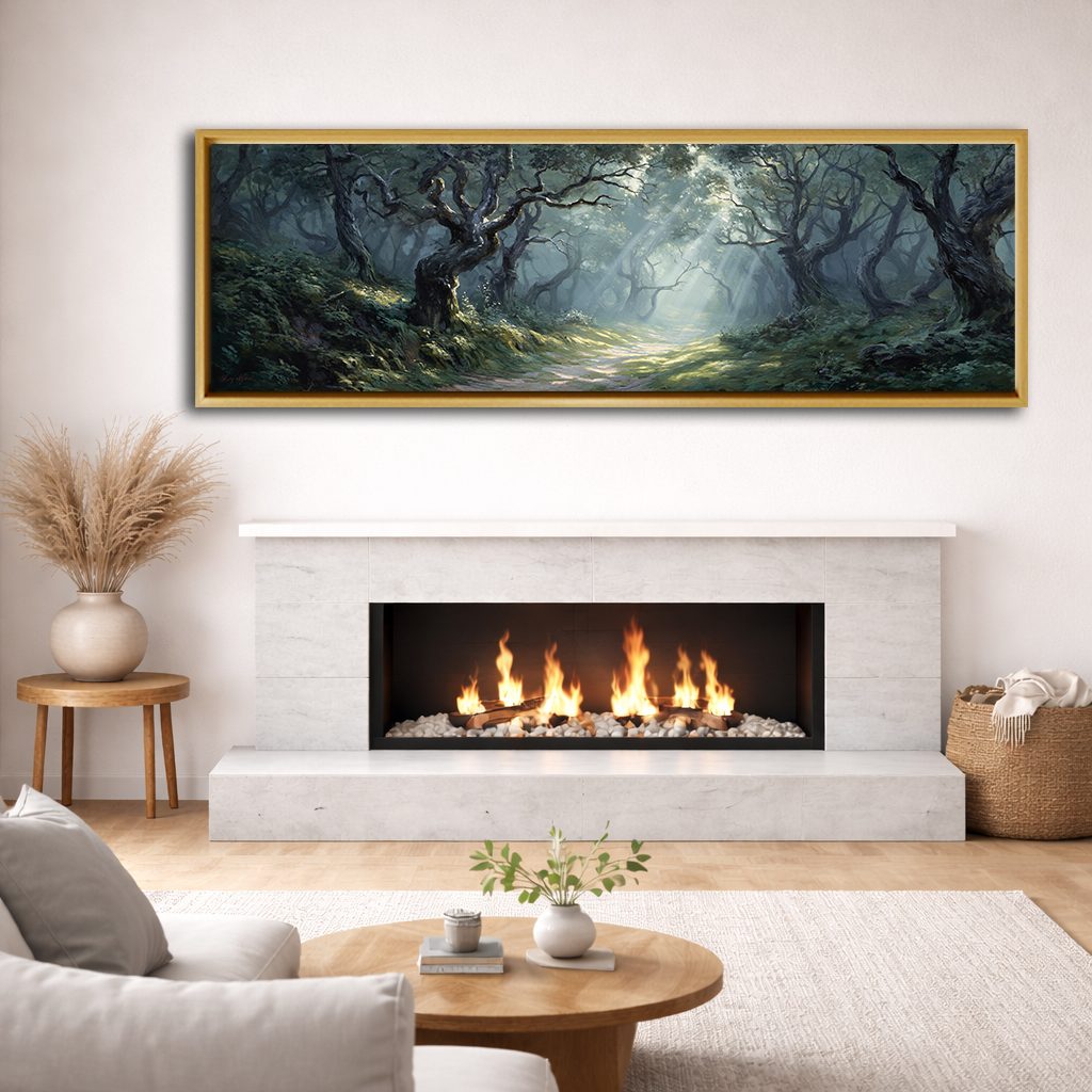 Enchanted Old Oak Forest canvas wall art, natural wood floating frame