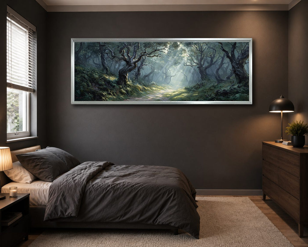 Enchanted Old Oak Forest canvas wall art, silver floating frame