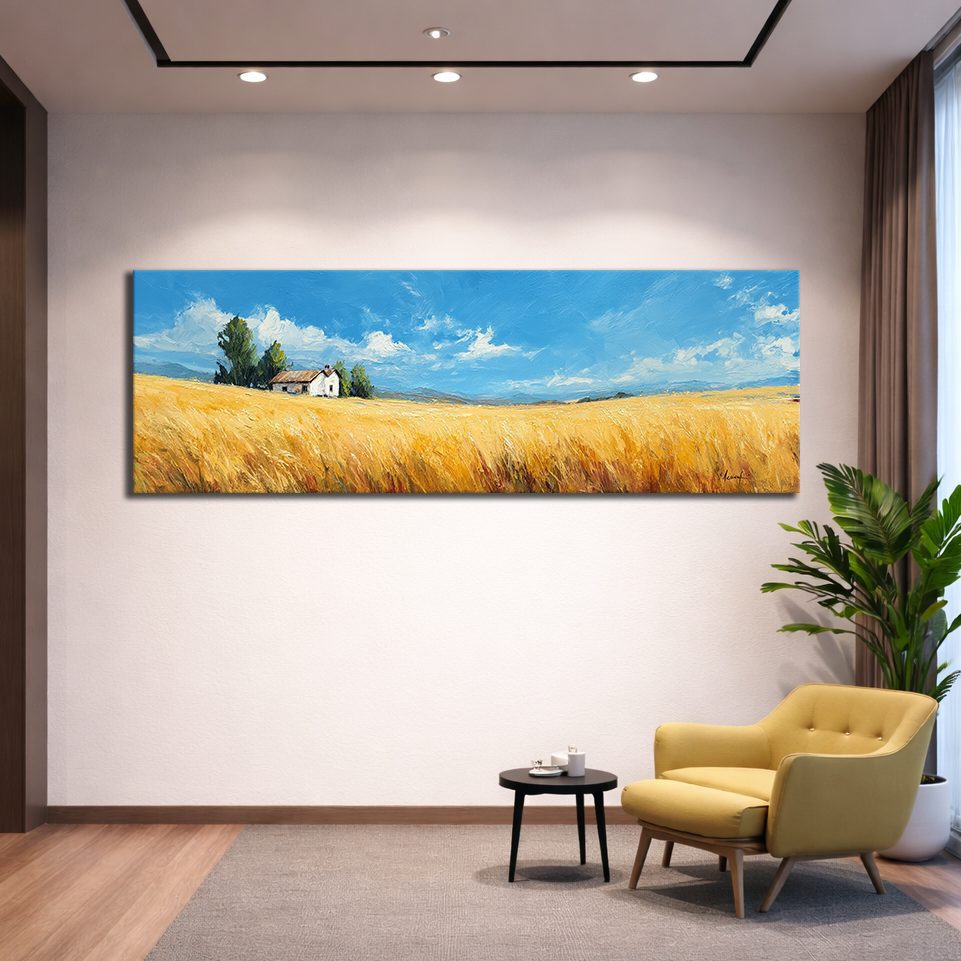 Farmhouse in Golden Meadow canvas wall art, unframed canvas