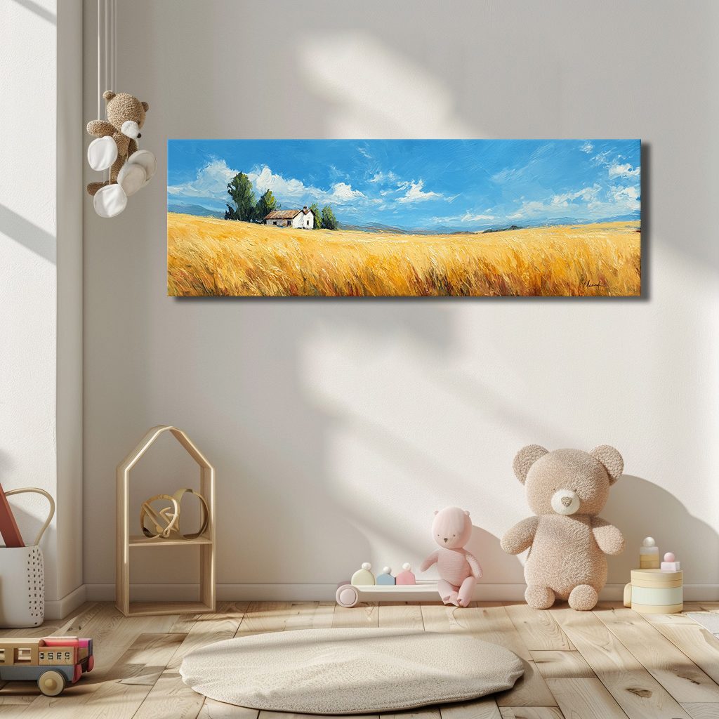 Farmhouse in Golden Meadow canvas wall art, unframed canvas