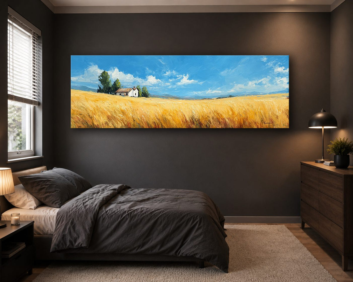 Farmhouse in Golden Meadow canvas wall art, unframed canvas