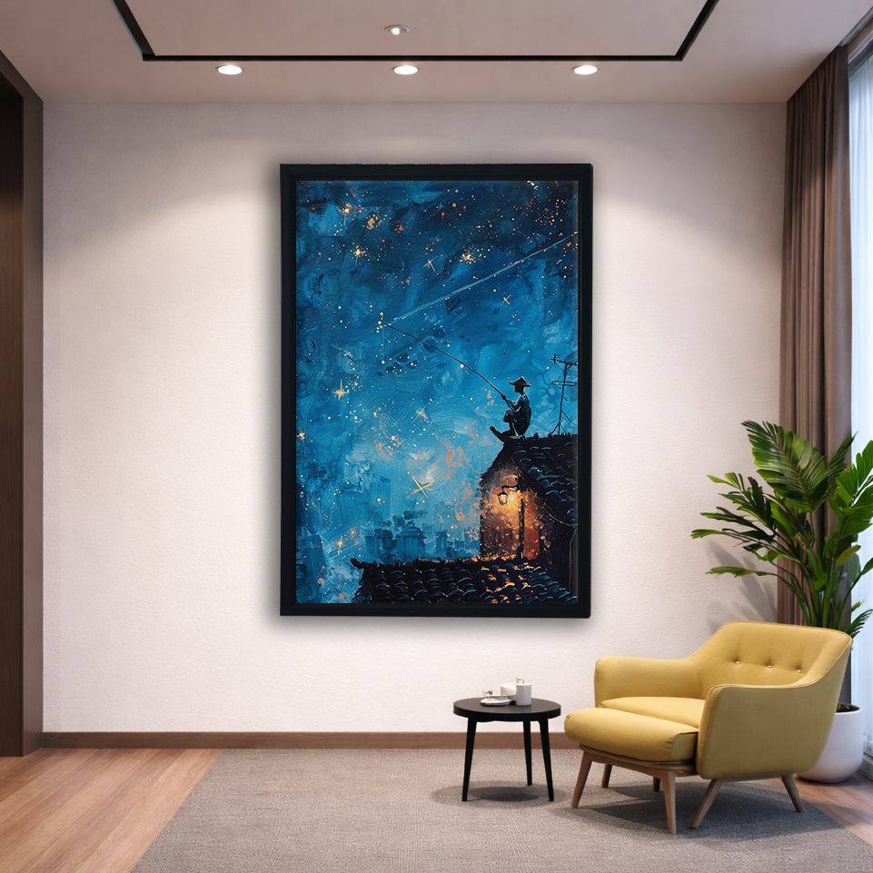 Fisherman on Rooftop under Stars canvas wall art, black floating frame