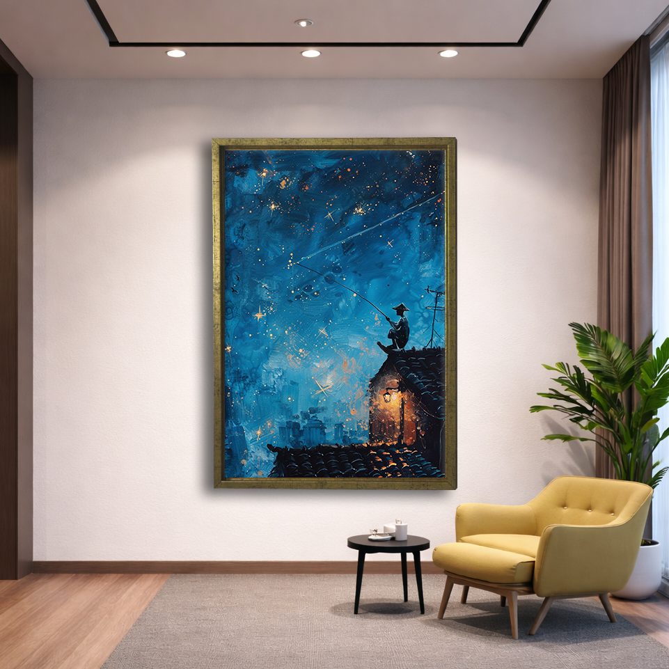 Fisherman on Rooftop under Stars canvas wall art, gold floating frame