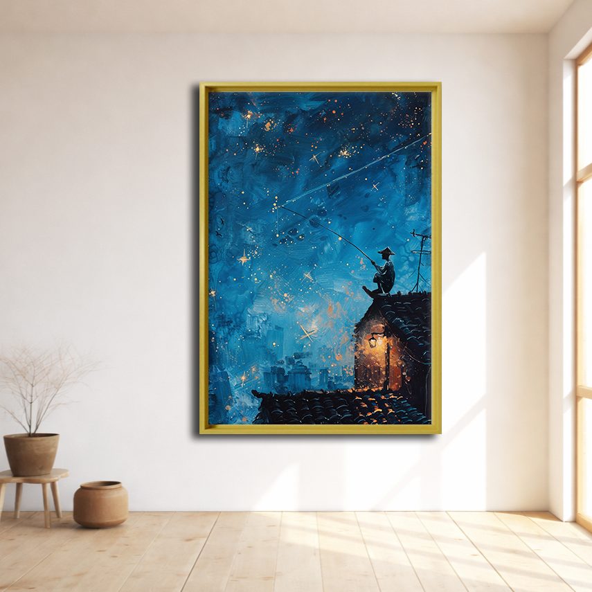 Fisherman on Rooftop under Stars canvas wall art, natural wood floating frame