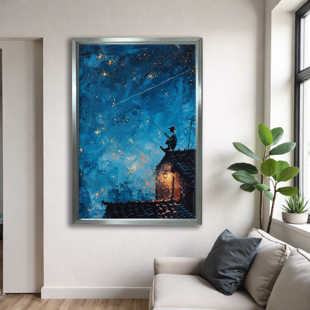 Fisherman on Rooftop under Stars canvas wall art, silver floating frame