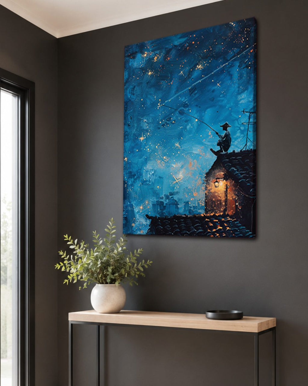 Fisherman on Rooftop under Stars canvas wall art, unframed canvas