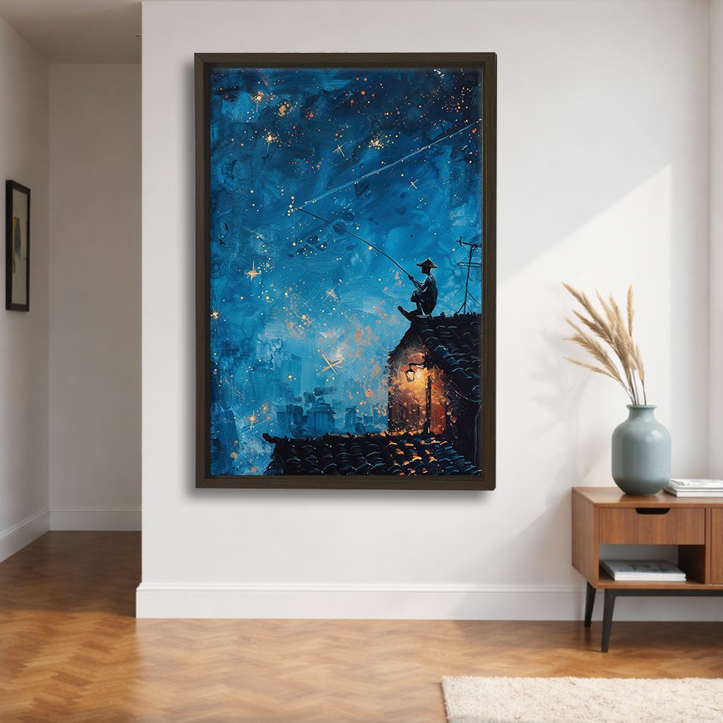 Fisherman on Rooftop under Stars canvas wall art, walnut floating frame