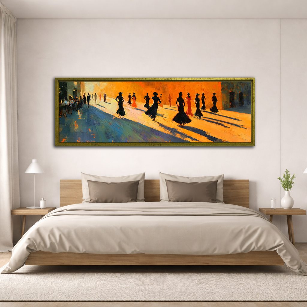 Flamenco Dancers Silhouettes canvas wall art, antique gold floating frame