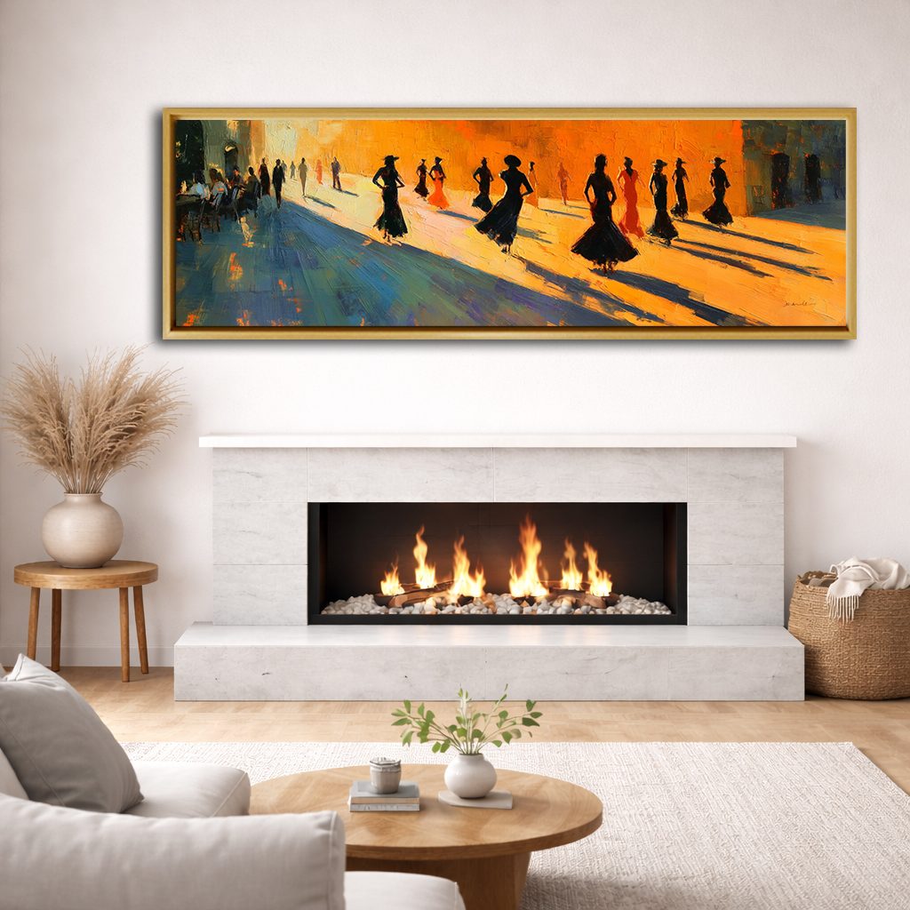 Flamenco Dancers Silhouettes canvas wall art, natural wood floating frame