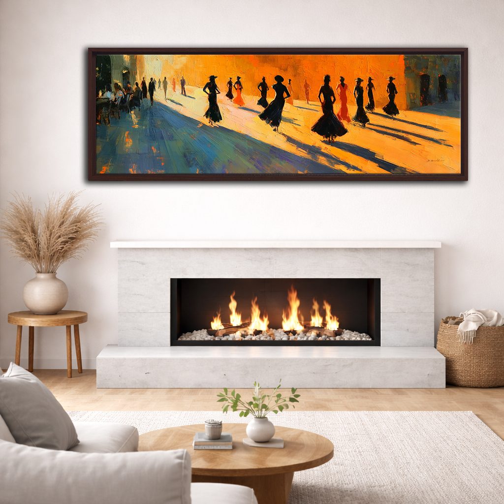 Flamenco Dancers Silhouettes canvas wall art, walnut floating frame